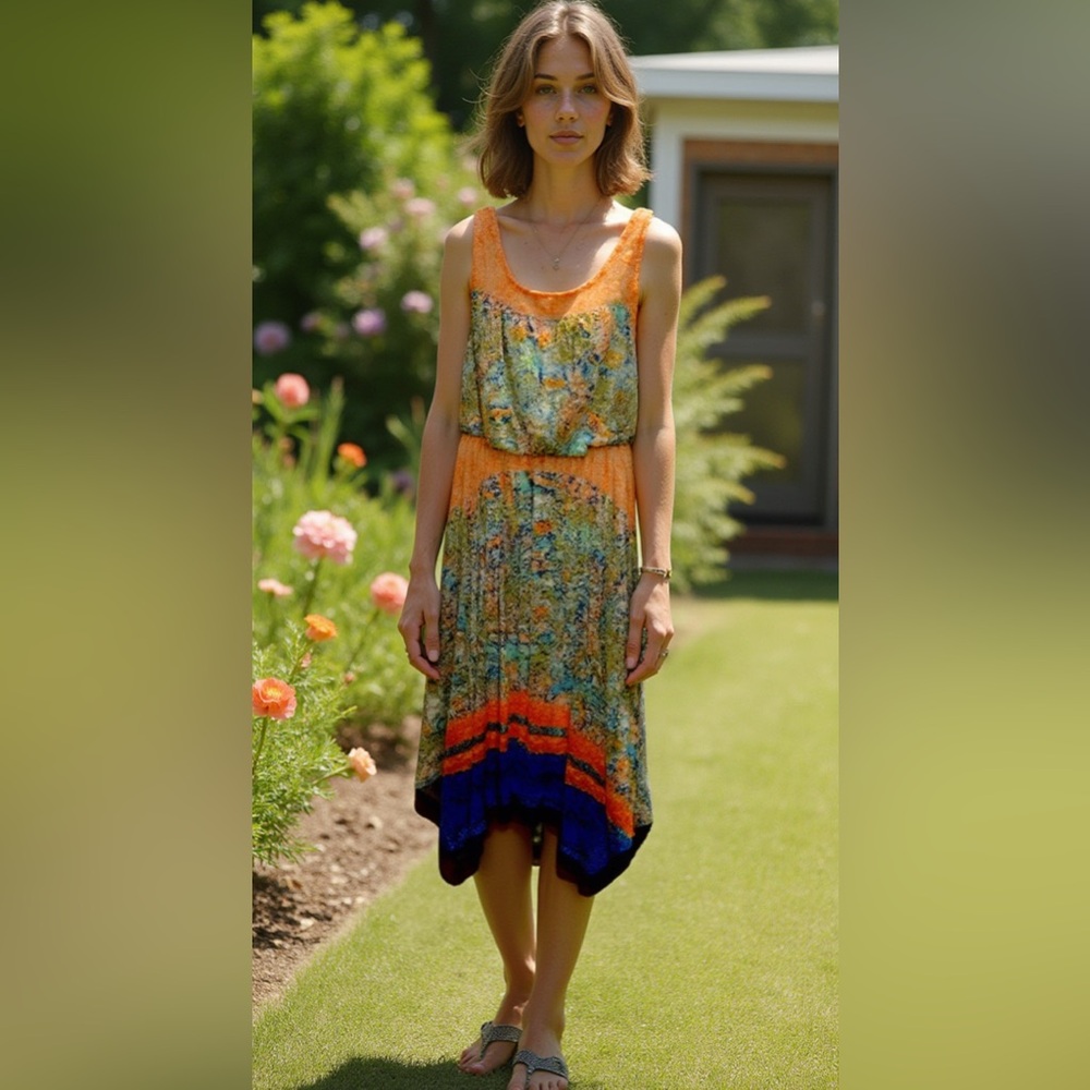 AUW Paisley Pink and Blue Handkerchief Summer Lightweight Dress - Size M